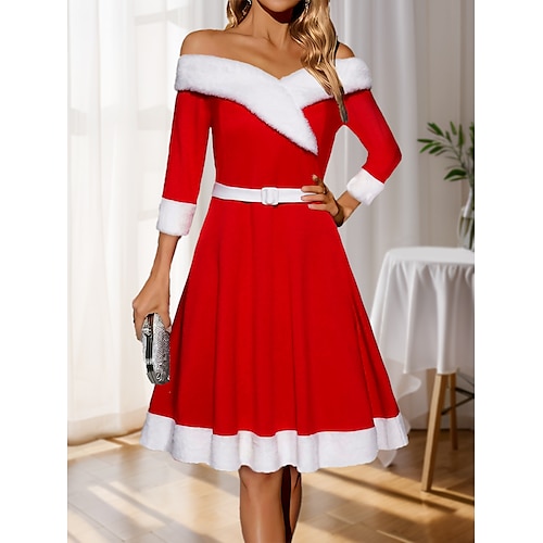 

Women's Casual Dress Winter Dress Swing Dress Midi Dress Patchwork With Belt Party Date Going out Fashion Streetwear Off Shoulder 3/4 Length Sleeve 2023 Regular Fit Burgundy Color S M L XL XXL Size