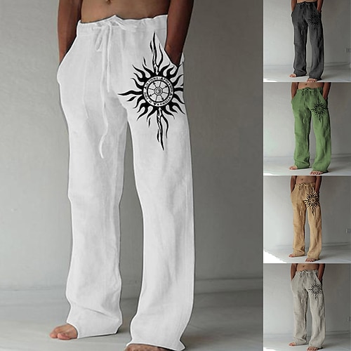 

Men's Trousers Summer Pants Beach Pants Straight Drawstring Elastic Waist Front Pocket Graphic Prints Comfort Soft Casual Daily Beach 100% Cotton Fashion Designer White Green