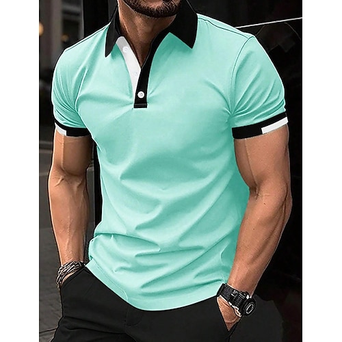 

Men's Button Up Polos Golf Shirt Casual Holiday Ribbed Polo Collar Short Sleeve Fashion Basic Solid Color Patchwork Summer Regular Fit Black White Red Blue Brown Green Button Up Polos