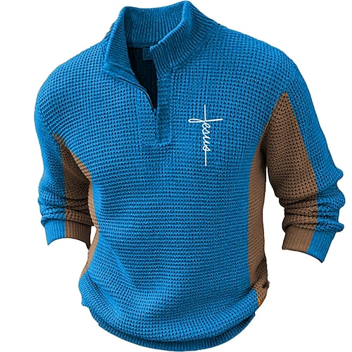 

Faith Retro Vintage Men's Print Zipper Knitting Pullover Sweater Jumper Zip Sweater Polo Sweater Outdoor Daily Vacation Long Sleeve Stand Collar Sweaters Blue Sky Blue Brown Fall Winter S M L Sweaters