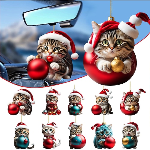 

10pcs Cat Car Hanging Ornament,Acrylic 2D Flat Printed Keychain, Optional Acrylic Ornament and Car Rear View Mirror Accessories Memorial Gifts Pack