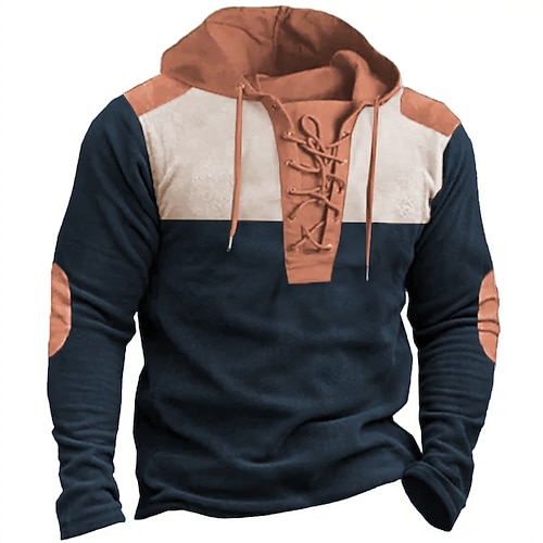 Men's Hoodie Navy Blue Hooded Plain Lace up Patchwork Color Block