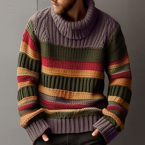 

Men's Turtleneck Sweater Jumper Pullover Sweater Striped Sweater Ribbed Cable Knit Regular Knitted Color Block Keep Warm Modern Contemporary Daily Wear Clothing Apparel Fall