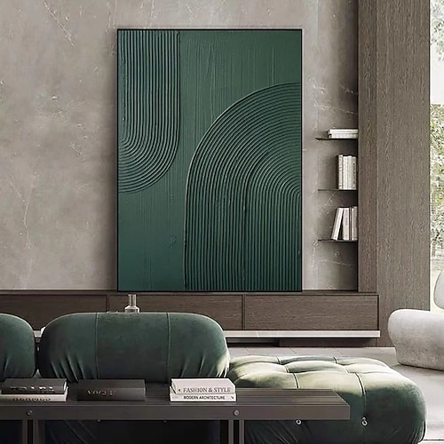  Peinture à l'huile faite à la main sur toile, décoration murale, minimalisme nordique, texture abstraite verte contemporaine pour la décoration intérieure, peinture roulée sans cadre, non étirée