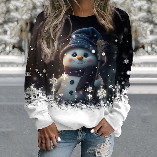 

Women's Pullover Christmas Sweatshirt Snowman Snowflake Sportswear Festival Print Black Casual Sports Round Neck Long Sleeve Top Micro-elastic Fall & Winter