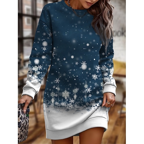 

Women's Sweatshirt Dress Winter Dress Mini Dress Warm Fashion Going out Crew Neck Print Snowflake Loose Fit Wine Navy Blue Blue S M L XL XXL