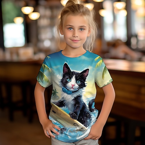 

Girls' 3D Cat Tee Shirt Short Sleeve 3D Print Summer Spring Active Fashion Cute Polyester Kids 3-12 Years Crew Neck Outdoor Casual Daily Regular Fit