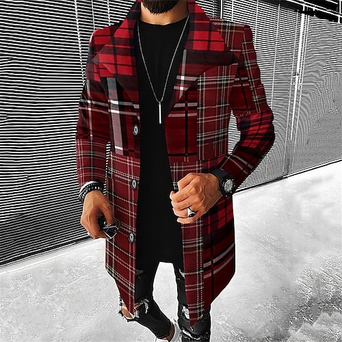 

Purple Plaid Trench Coat Mens Graphic Jacket Business Casual Work Wear To Going Out Fall & Winter Stand Collar Long Sleeve Black Yellow Red Xl Polyester