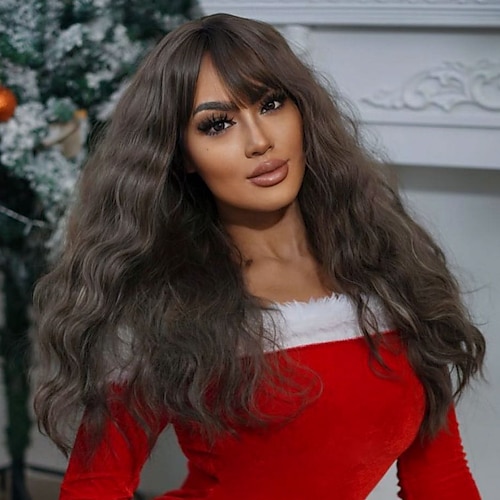 

24 Inch Synthetic Wig Women's Wig Dark Brown Long Wavy Curly Hair With Bangs Fashion Elegant Daily Natural