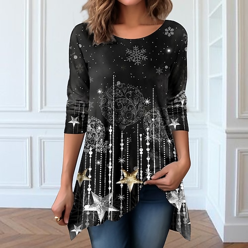 

Women's T shirt Tee Designer Shirt Snowflake Weekend Black Red Blue Print Flowing tunic Long Sleeve Festival / Holiday Round Neck Regular Fit Spring & Fall