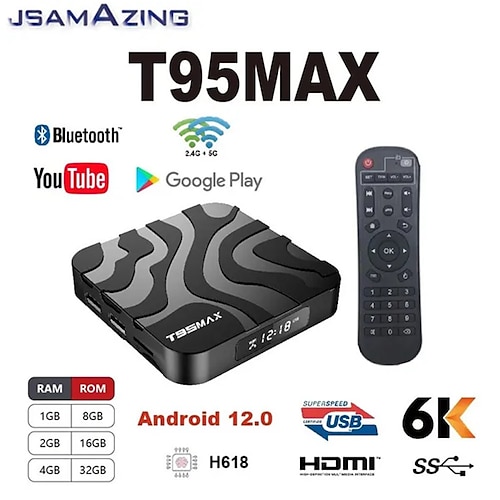

T95 Max Smart-TV-Box Android 12.0 2,4 g 5G WiFi6 H618 Quadcore Arm Cortex A53 8K Bluetooth 5.0 2G/4G 16G 32GB 64GB Set-Top-Box-Unterstützung Google Media Player YouTube-Unterstützung IP-TV