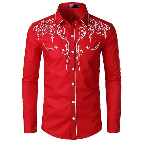 

Men's Cowboy Shirt Western Shirt Black White Red Long Sleeve Floral Collar Holiday Camping & Hiking Clothing Apparel