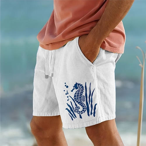 

Men's Cotton Shorts Summer Shorts Beach Shorts Print Drawstring Elastic Waist Animal Ocean Comfort Breathable Short Outdoor Holiday Going out Cotton Blend Hawaiian Casual White Army Green
