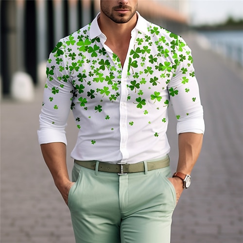 

St.Patrick's Day Four Leaf Clover Casual Men's Shirt Daily Wear Going out Spring & Summer Turndown Long Sleeve Yellow, Red, Green S, M, L 4-Way Stretch Fabric Shirt St.