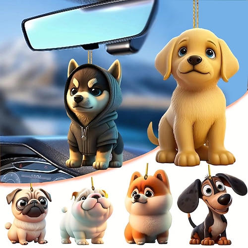 Dog Car Hanging Ornament,Acrylic 2D Flat Printed Keychain, Optional Acrylic Ornament and Car Rear View Mirror Accessories Memorial Gifts Pack
