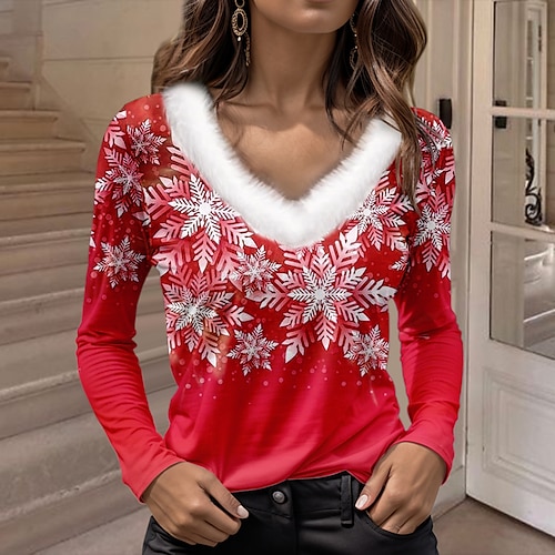 

Women's Shirt Blouse Snowflake Pink Red Blue Print Long Sleeve Party Casual Festival / Holiday Fur Collar V Neck Regular Fit Fall & Winter