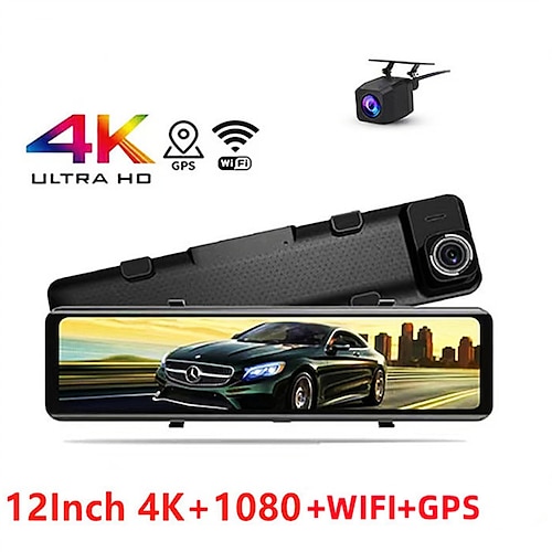 

4k 2160p Ultra HD 38402160p Auto-DVR-Kamera, WLAN-App, 12-Zoll-Spiegel, Rückansicht, Dashcam, Videorecorder, Dual-Cam vorne und hinten
