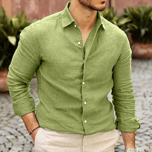 

Homens Camisa Social camisa de linho camisa de botão Camisa casual Preto Rosa Verde Tropa Manga Longa Tecido Lapela Primavera Outono Casual Diário Roupa