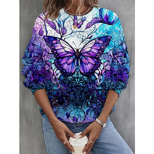 Sudadera para mujer, jersey con gráfico de animales, mariposa, informal, deportiva, divertida, cuello redondo, manga larga, microelástica, caída&amp;Tejido suave, transpirable y cómodo para el
