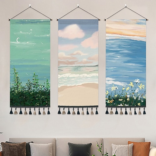 

Pintura de paisagem tecida boêmia tapeçaria de parede arte decoração cobertor cortina pendurada casa quarto sala de estar decoração nórdica algodão linho borla