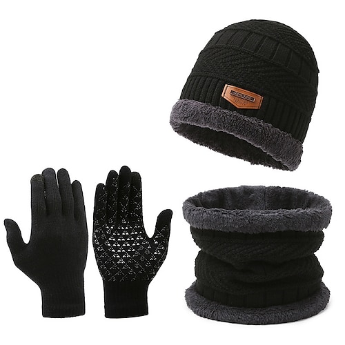 

Men's Beanie Hat Hat and Scarf Hat & Gloves Set Black Burgundy Solid Color Warm Breathable Soft Heat Retaining