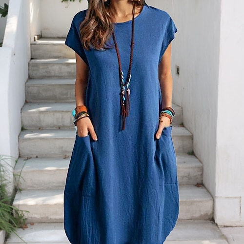 Femmes Noir Blanche bleu marine Été Printemps Robe Midi Robes inspirées du lin Robe Décontractée Robe fourreau Classique Occasionnel Extérieur Vacances Quotidien Coupe régulière Couleur Unie Col ras