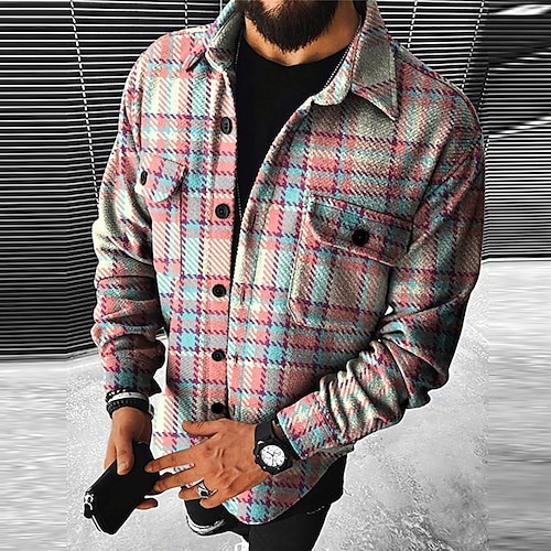 

Men's Flannel Shirt Button Down Shirt Collared Shirt Shirt Jacket Shacket Curve Turndown Pink Blue Sky Blue Vivid Pink Orange Going out Weekend Long Sleeve Print Clothing Apparel Fashion