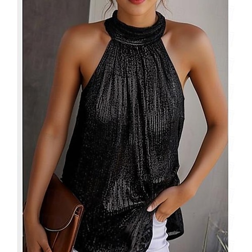 Canotta donna grande taglia top estivi camicia semplice sexy base spiaggia senza maniche scollo halter quotidiano plissettata ritagliata argento nero giallo