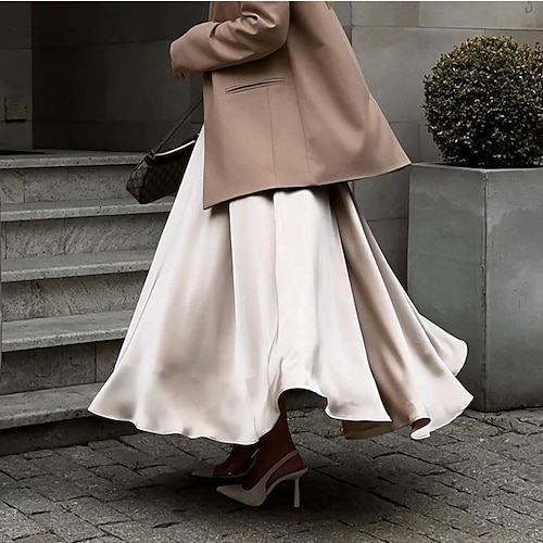  Femme Jupe Balançoire Jupe longue Elégant Mode Maxi Taille haute Jupes Couleur Pleine Plein Air du quotidien Noir Blanche Kaki Eté Satin