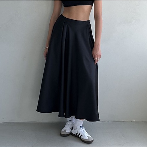  Femme Jupe Balançoire Jupe longue Elégant Mode Maxi Taille haute Jupes Couleur Pleine Plein Air du quotidien Noir Blanche Kaki Eté Satin