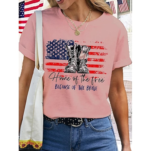  Independence Day Women's Patriotic Fourth of July T Shirt American Flag National Flag Fashion Basic Short Sleeve Crew Neck Regular Tops Casual Weekend Print White Pink Summer