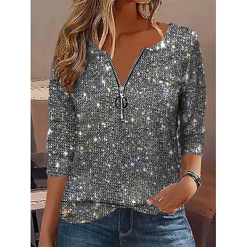 

Women's Shirt Blouse Sparkly Silver Yellow Purple Sequins Quarter Zip Long Sleeve Party Casual Fashion V Neck Regular Fit Spring & Fall