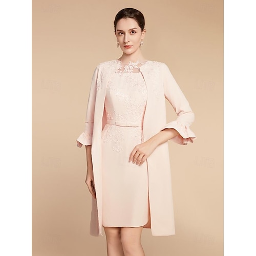 Abito Due Pezzi A-Line Madre della Sposa Ospite di Matrimonio Elegante Petite Collo a Nave Corto  Mini Pizzo Tessuto Elasticizzato Maniche 3/4 con Fiocco(s) Volant Colore Unito 2025