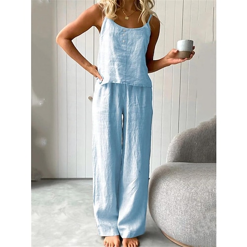 Pyjamas pour femmes, ensembles deux pièces, simples, basiques, confortables, couleur pure, coton et lin, haut à bretelles, maison, quotidien, lit, sans manches, bretelles, blanc, bleu, gris clair, gris foncé, été