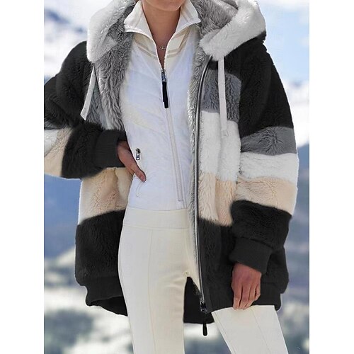 Hombre Chaqueta de Invierno Chaqueta de lana Chaqueta de sherpa Abrigo de peluche Exterior Calle Mantiene abrigado Transpirable Detalles en Piel Full Zip Otoño Invierno A Rayas Deportivo Casual