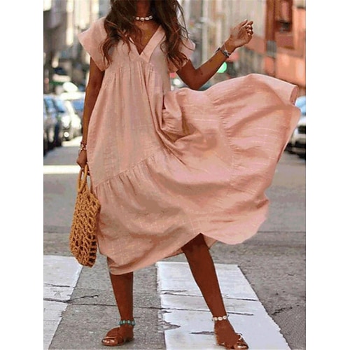Femmes Robe Longue Maxi Robe Robes en coton et lin Robe Décontractée Robe évasée Robe trapèze Streetwear Robe Maxi Vacances Rue Fête Coupe Ample Manche Courte Col en V Jaune Rose Claire Bleu de