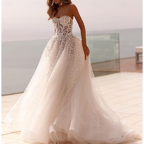 Beach Open Back Formal Wedding Dresses Ball Gown Sweetheart Sleeveless Sweep / Brush Train Tulle Bridal Gowns With Appliques Solid Color 2025