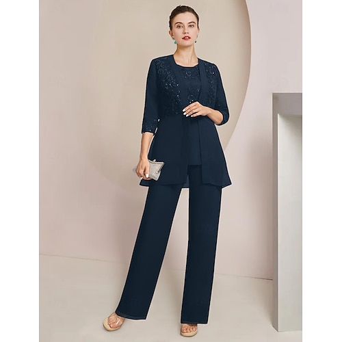 Strandhochzeitsanzug 3-teilig Mutter der Braut Formal Hochzeitsgast Eleganter Scoop-Neck Bodenlanger Chiffon Spitze Pailetten 3/4 Lange Ärmel mit Spitze Pailetten freie Anpassung