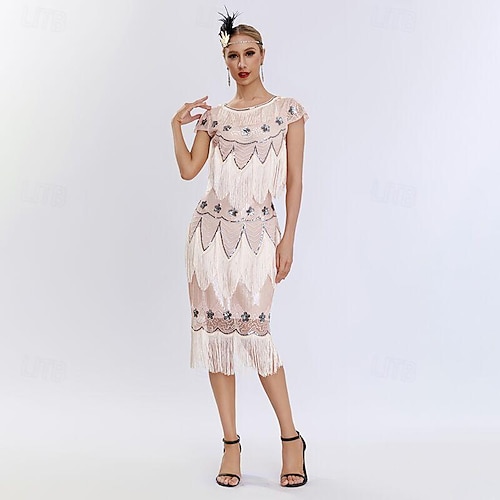 Roaring 20s 1920s Knee Length Dress Flapper Dress Cap Sleeves The Great Gatsby Flapper Girl Wedding Guest Sequins Tassel Fringe Sequin Round Neck Scoop Neck Fancy Dress Women's Prom Evening Party 2026 - Roaring 20s 1920s Knee Length Dress Flapper Dress Cap Sleeves The Great Gatsby Flapper Girl Wedding Guest Sequins Tassel Fringe Sequin Round Neck Scoop Neck Fancy Dress Women's Prom Evening Party 2026 -