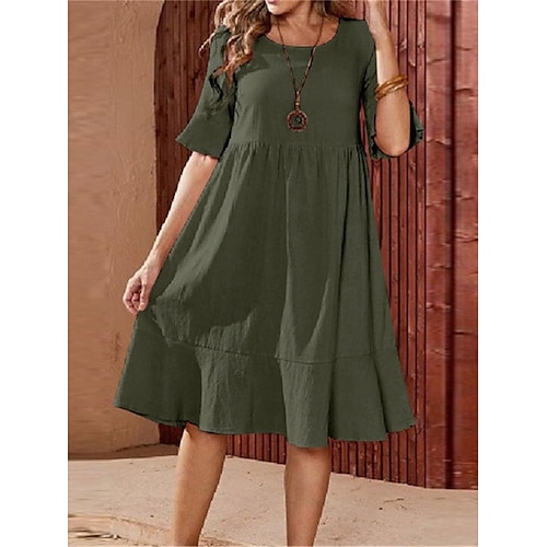 Femmes Vert militaire Rose Claire bleu marine Été Printemps Robe Midi Robes en coton et lin Robe Décontractée Robe d'été en coton Basique Moderne Quotidien Week-end Coupe Ample Uni Col ras du cou