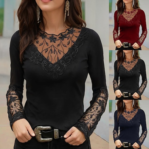 

Women's T shirt Tee BurgundyTee Mesh Patchwork Top Lace T-shirt Floral Lace Patchwork Casual Weekend Elegant Vintage Fashion Long Sleeve Round Neck Black Fall & Winter