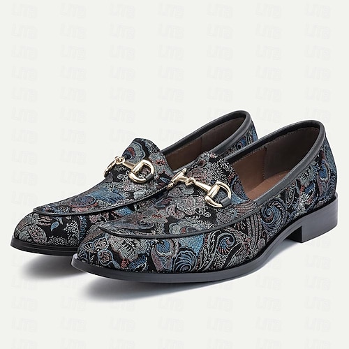  Men's Black Leather Loafers Floral Embroidered Chain