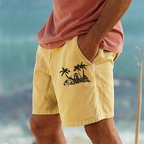 

Мужские шорты из 10% льна с кокосовой пальмой, летние гавайские шорты, пляжные шорты с принтом и шнурком, эластичная талия, дышащие мягкие короткие повседневные повседневные праздничные уличные одежды