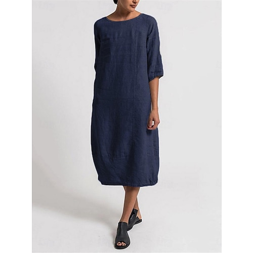 Femmes Bleu Ciel Noir Jaune Été Printemps Robe Midi Robes inspirées du lin Robe Décontractée Basique Moderne Quotidien Week-end Coupe régulière Uni Col ras du cou