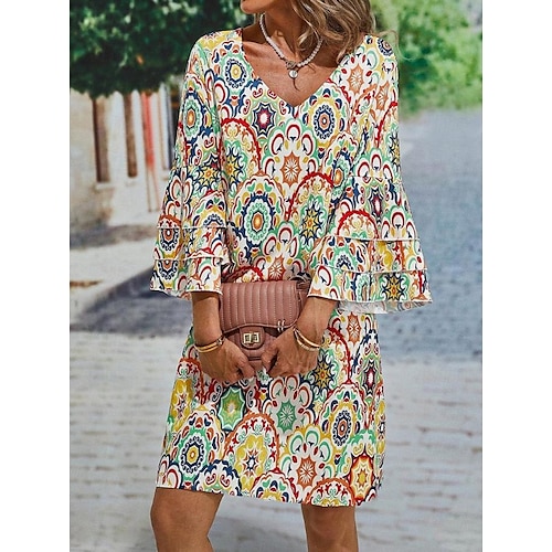 Pentru femei Rochie Mini Rochie casual Rochie de primăvară Șic Stradă Mânecă cu volan Vacanță Stradă Dată Potrivire Largă Floral Lungime Manșon 3/4 În V Galben Vară Primăvară