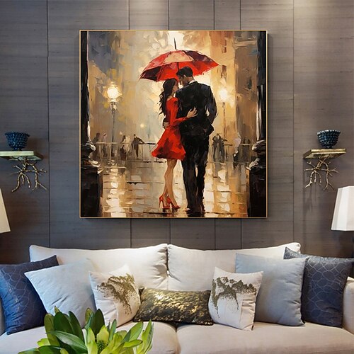Walking In The Rain Stretched Canvas Handpainted Wall Art Colorful