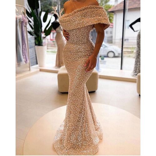 Goldene Meerjungfrau Pailletten Abendkleid Elegantes Kleid Formelles Bodenlang Ärmellos Off-Shoulder Maskerade Kleid