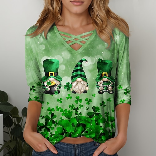 

Women's T shirt Tee Shamrock St.Patrick's Day Casual Holiday Green Print Long Sleeve Fashion Funny V Neck Regular Fit Spring & Fall
