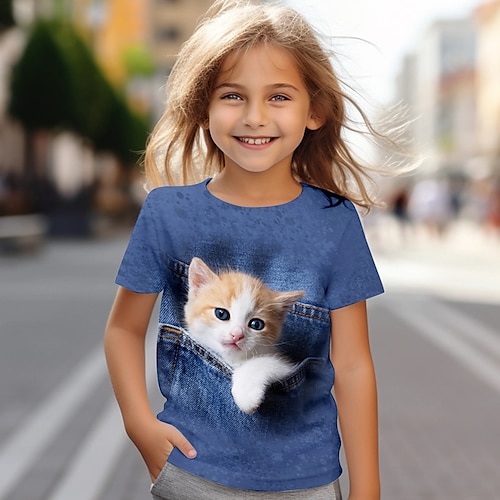 女の子 3D 猫 Ｔシャツ シャツ 半袖 3Dプリント 夏 活発的 ファッション かわいいスタイル ポリエステル 子供 3〜12年 クルーネック アウトドア カジュアル 日常 レギュラー