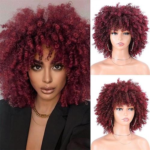 Afro Kinky Curly Wig with Bangs 12 Inches Synthetic Full  display picture 1